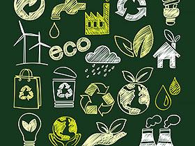 Rysunki symboli kojarzących się z ekologią (znak recyclingu, elektrownie wiatrowe, ziemia otoczona dłońmi itp.)