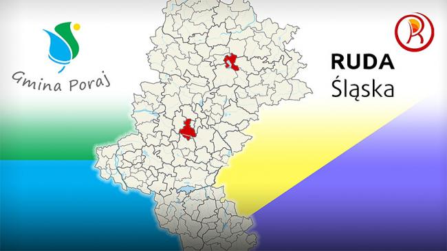 Mapa województwa śląskiego z oznaczoną gminą Poraj i miastem Ruda Śląska obok logotypy tych jednostek samorządowych