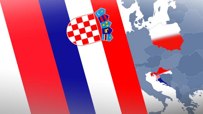 Flaga Polski i Chorwacji obok mapa Europy z oznaczonymi terytoriami Polski i Chorwacji
