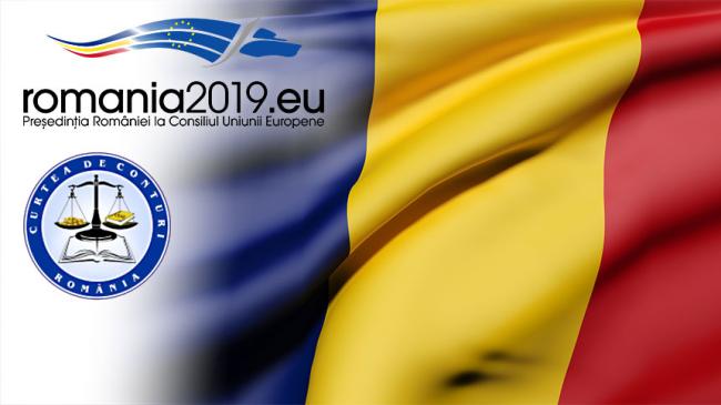logotypy prezydencji Rumunii w UE i NOK Rumunii w tle flaga Rumuni