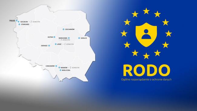 Ilustracja: Mapa Polski z oznaczonymi miastami obok tarcza z ikoną osoby otoczona złotymi gwiazdkami, poniżej skrót RODO.