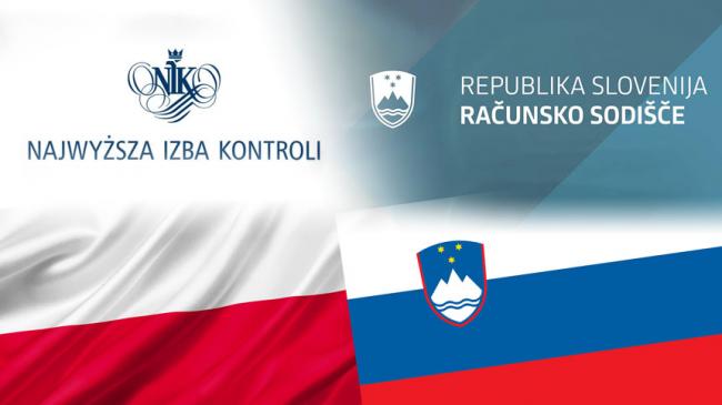 Logotypy NIK i Trybunału Obrachunkowego Republiki Słowenii, poniżej flagi Polski i Słowenii