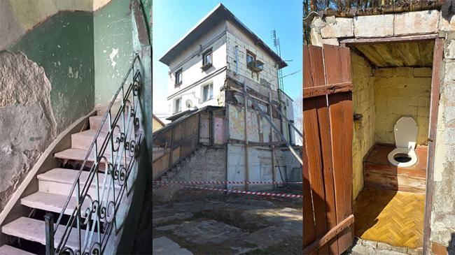 Przykłady zaniedbanych budynków (zniaszczona klatka schodowa, nieotynkowany budynek, toaleta na zewnątrz budynku), zdjęcia z kontroli NIK