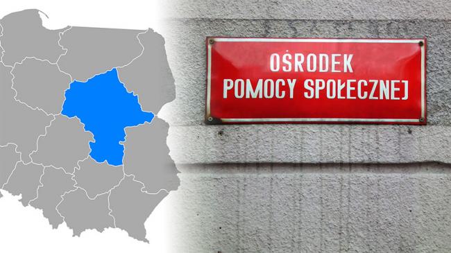 Sylwetka granic Polski z oznaczonym województwem mazowieckim, obok tablica urzędowa z napisem OŚRODEK POMOCY SPOŁECZNEJ