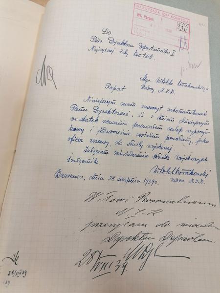 Pismo z sierpnia 1939 roku do Dyrektora Departamentu I NIK