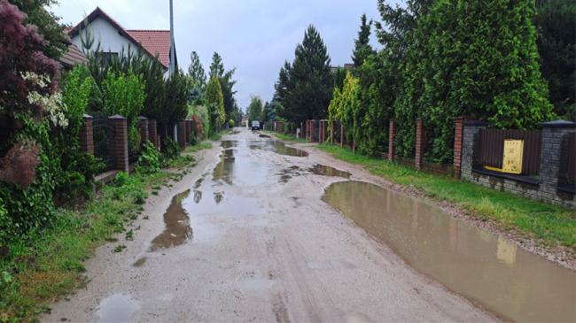 Kałuże na lokalnej nieutwardzonej drodze