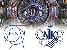 Logo CERN i NIK w tle zdjęcie akceleratora cząstek