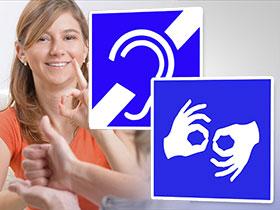 Ilustracja: symbol osób niesłyszących i znak tłumacza języka migowego, w tle osoba posługująca się językiem migowym