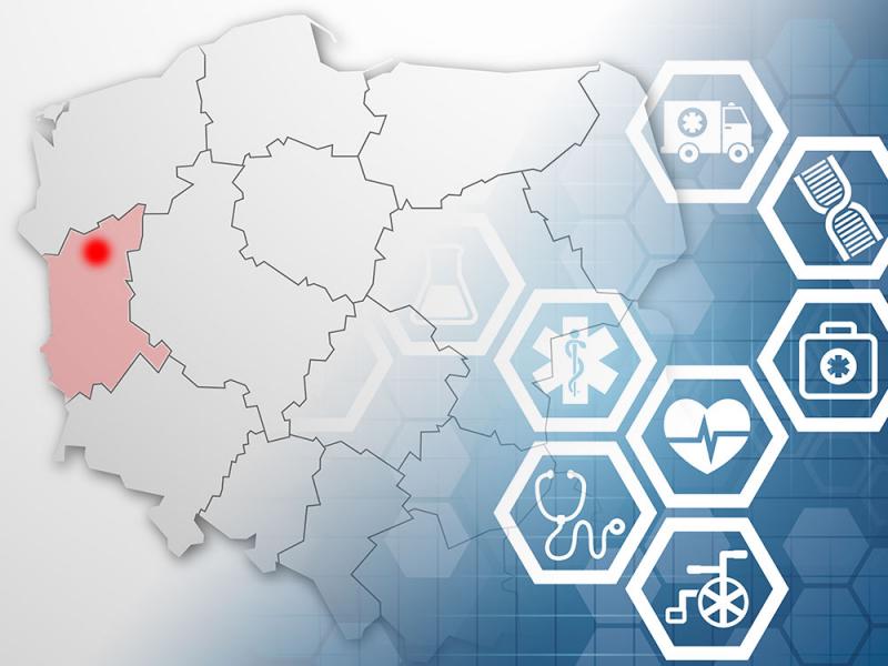 Ilustracja: Mapa polski z oznaczonym miastem Gorzów Wilekopolski w tle symbole związane z medycyną