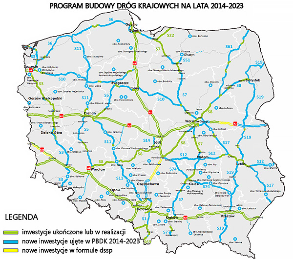 Mapa przedstawiająca program budowy dróg krajowych w latach 2014-2023