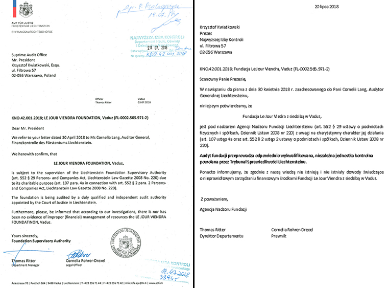 Skan pisma od Ministerstwa Sprawiedliwości Liechtensteinu do Prezesa NIK
