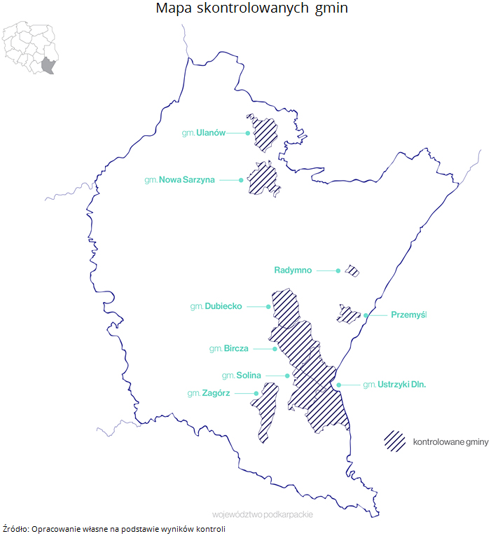 Mapa skontrolowanych gmin. Źródło: Opracowanie własne na podstawie wyników kontroli
