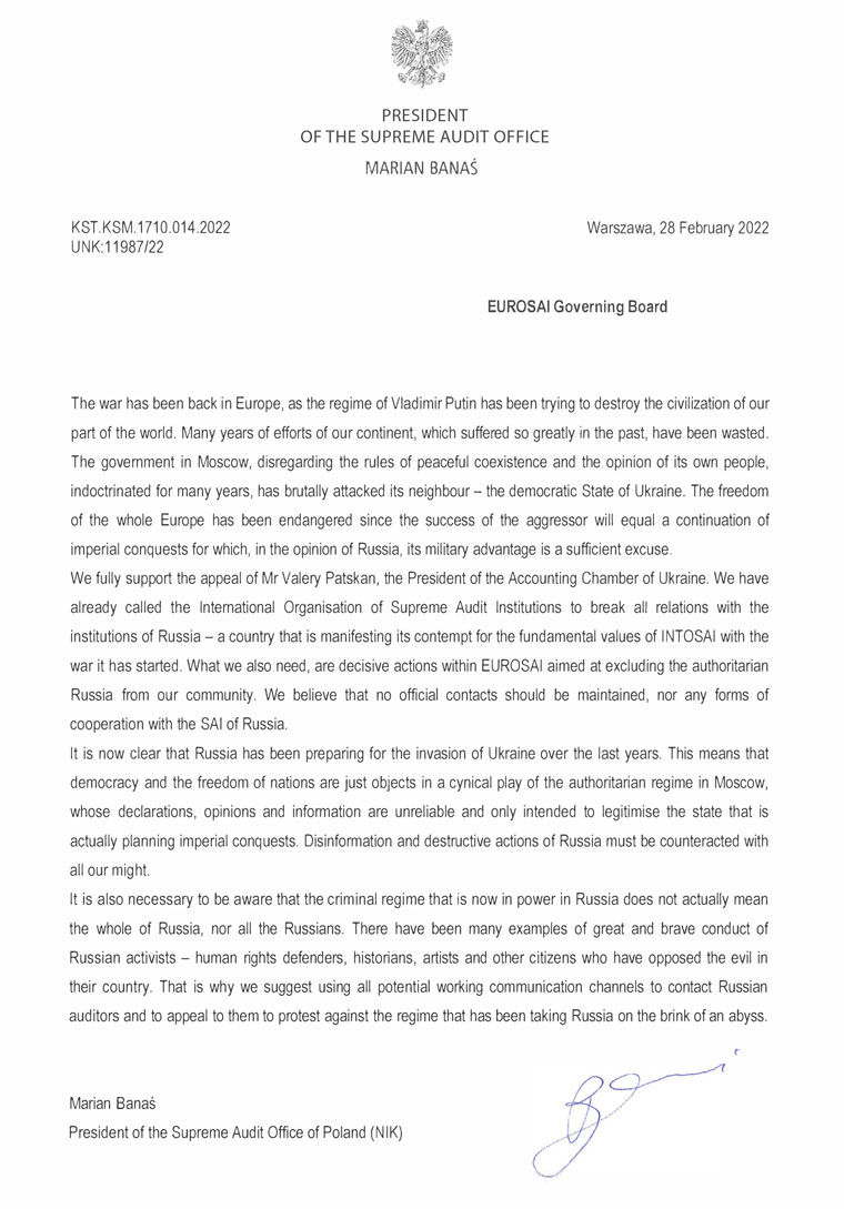 Appeal to EUROSAI (full text in linked document)