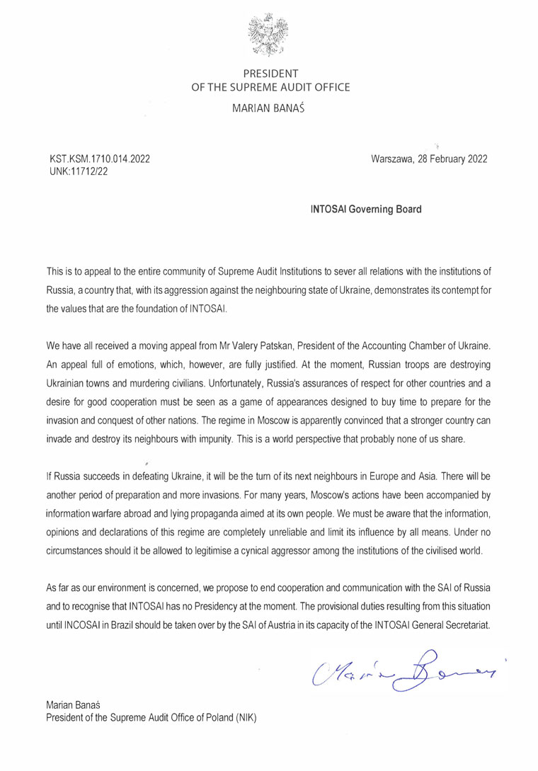 Appeal to INTOSAI (full text in linked document)