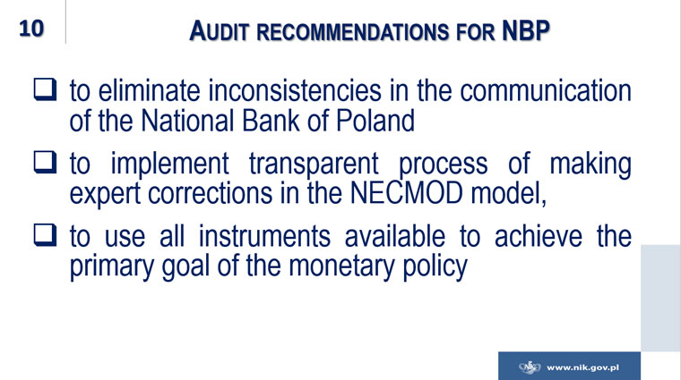 A slide from NIK President's about audit recommendations for NBP