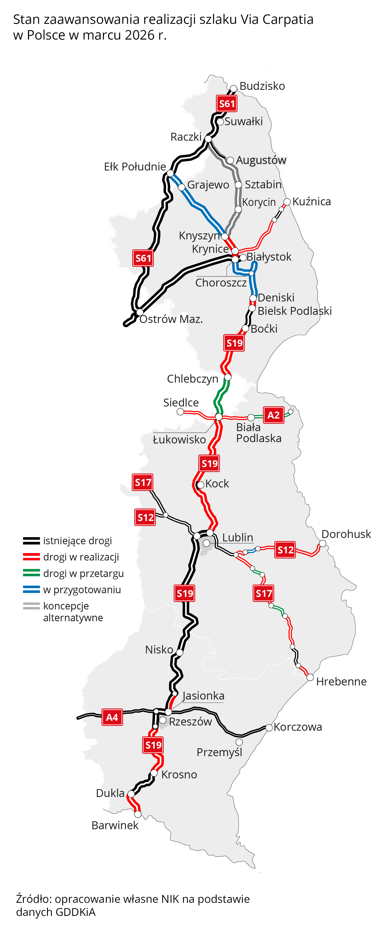 Mapa stanu realizacji szlaku Via Carpatia w Polsce w marcu 2026 r. Rozwijany opis tekstowy poniżej.